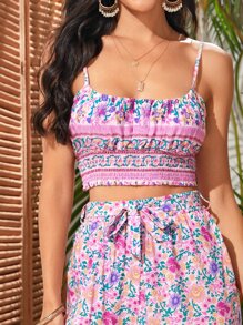 花卉圖案打褶吊帶上衣帶寬腿褲子 - 彩色 - 查看 3