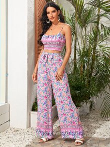 花卉圖案打褶吊帶上衣帶寬腿褲子 - 彩色 - 查看 5