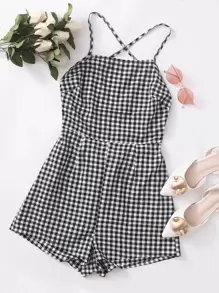 Soleia Lace-up Open Back Buffalo Plaid Cami Romper - Black and White - View 1