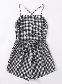 Soleia Lace-up Open Back Buffalo Plaid Cami Romper - Black and White - View 2