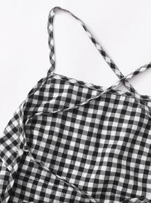 Soleia Lace-up Open Back Buffalo Plaid Cami Romper - Black and White - View 3