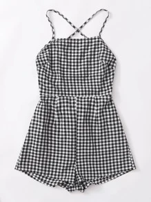 Soleia Lace-up Open Back Buffalo Plaid Cami Romper - Black and White - View 4