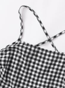 Soleia Lace-up Open Back Buffalo Plaid Cami Romper - Black and White - View 5