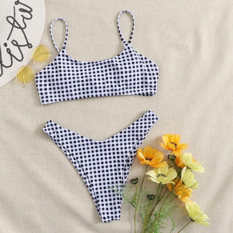 

Gingham High Leg Cami Bikini Swimsuit, Multicolor