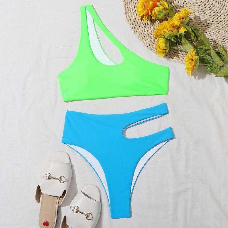 

Neon One Shoulder Cutout Bikini Swimsuit, Multicolor neon