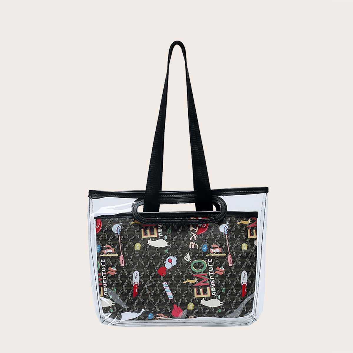 

Graphic Clear Tote Bag With Inner Pouch, Black