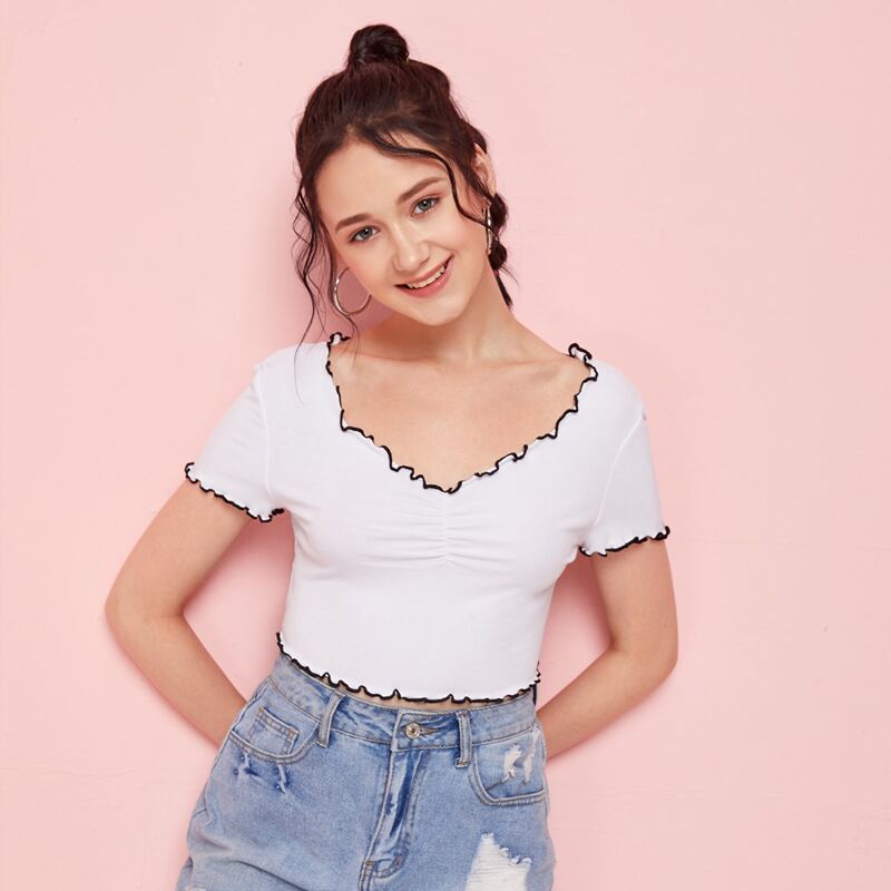 

Lettuce Trim Ruched Crop Tee, White