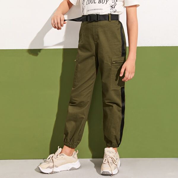 

Boys Contrast Sideseam Push Buckle Belted Cargo Pants, Army green