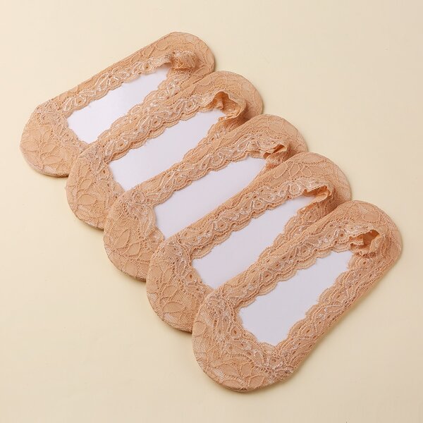 

5pairs Lace Trim Socks, Beige