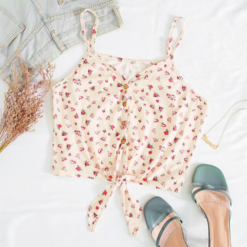 Ditsy Floral Button Front Cami, Beige