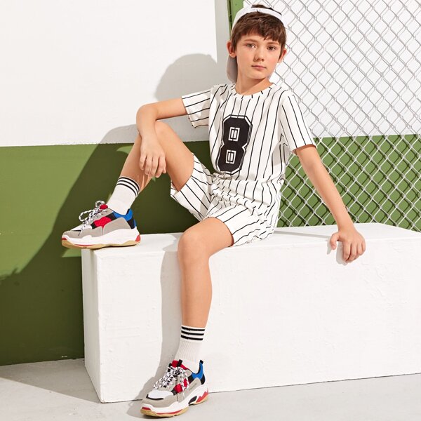 

Boys Number and Striped Top and Shorts Set Without Bag, White