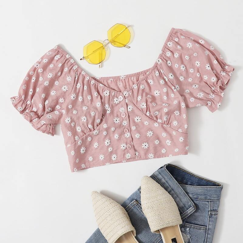 

Ditsy Floral Button Front Crop Top, Dusty pink
