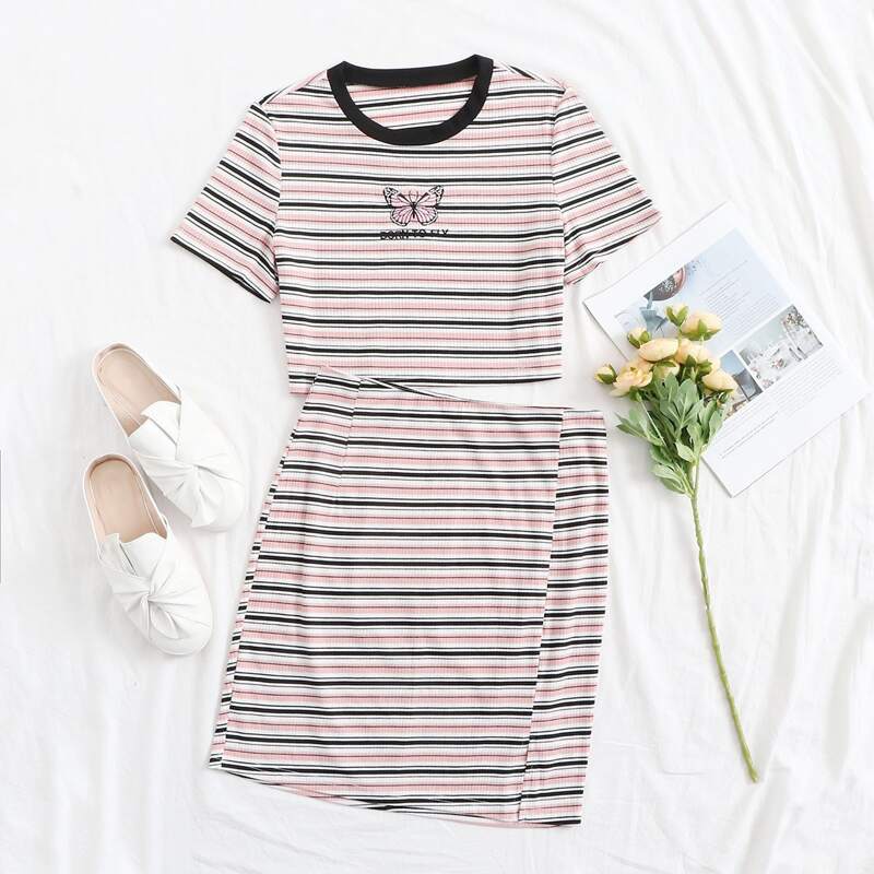 

Butterfly Embroidery Rib-knit Striped Crop Top & Skirt Set, Multicolor