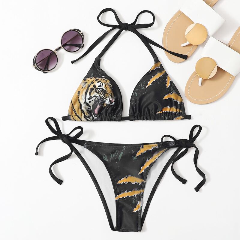 

Tiger Print Tie Side Triangle Bikini Swimsuit, Black