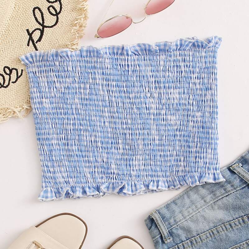 

Gingham Shirred Tube Top, Baby blue