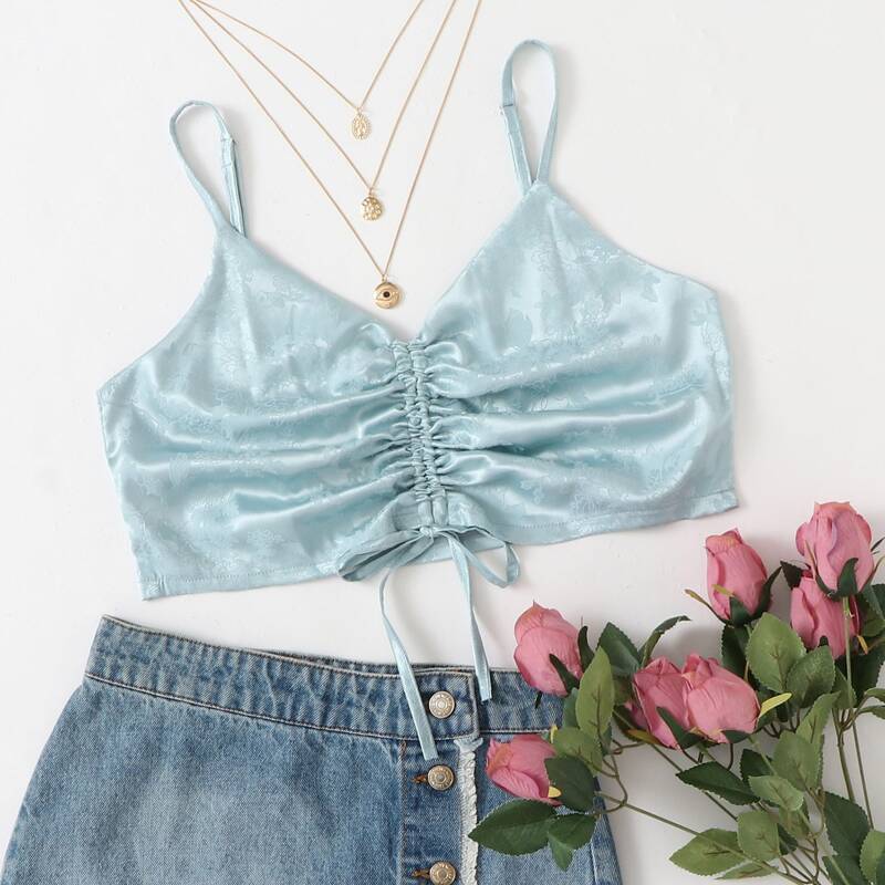 

Satin Jacquard Drawstring Crop Cami, Blue pastel
