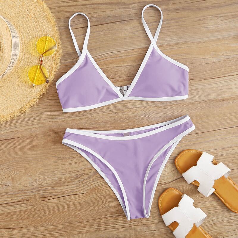 

Contrast Binding Cami Bikini Swimsuit, Pastel lilac purple