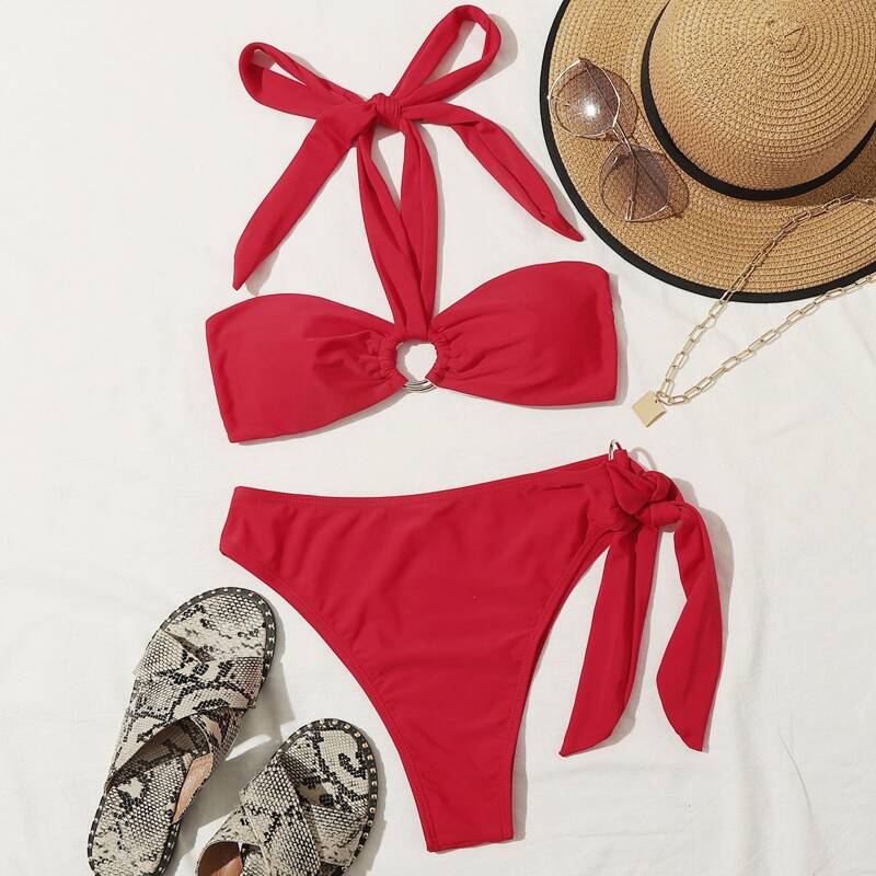 

Tie Side Ring Halter Bikini Swimsuit, Red