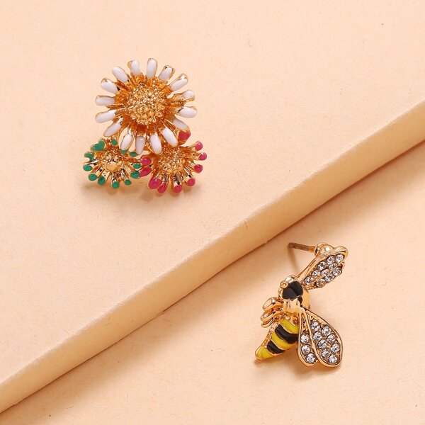

Floral & Bee Shaped Mismatched Stud Earrings, Multicolor