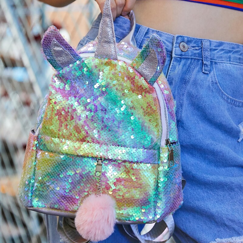 

Pom Pom Decor Sequins Unicorn Design Backpack, Multicolor
