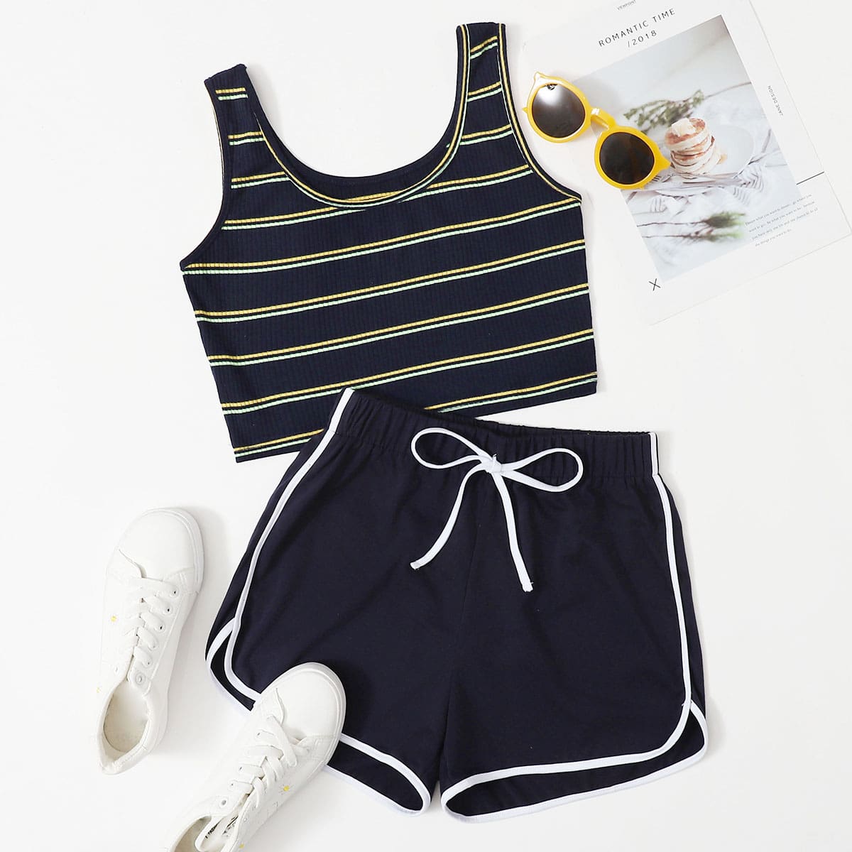 

Striped Crop Tank & Dolphin Shorts, Multicolor