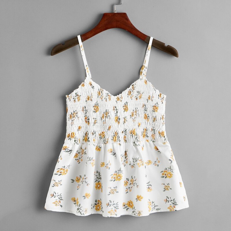 

Floral Shirred Peplum Cami, White