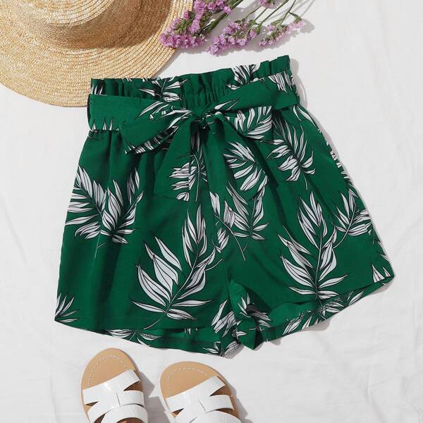

Plants Print Self Tie Shorts, Green