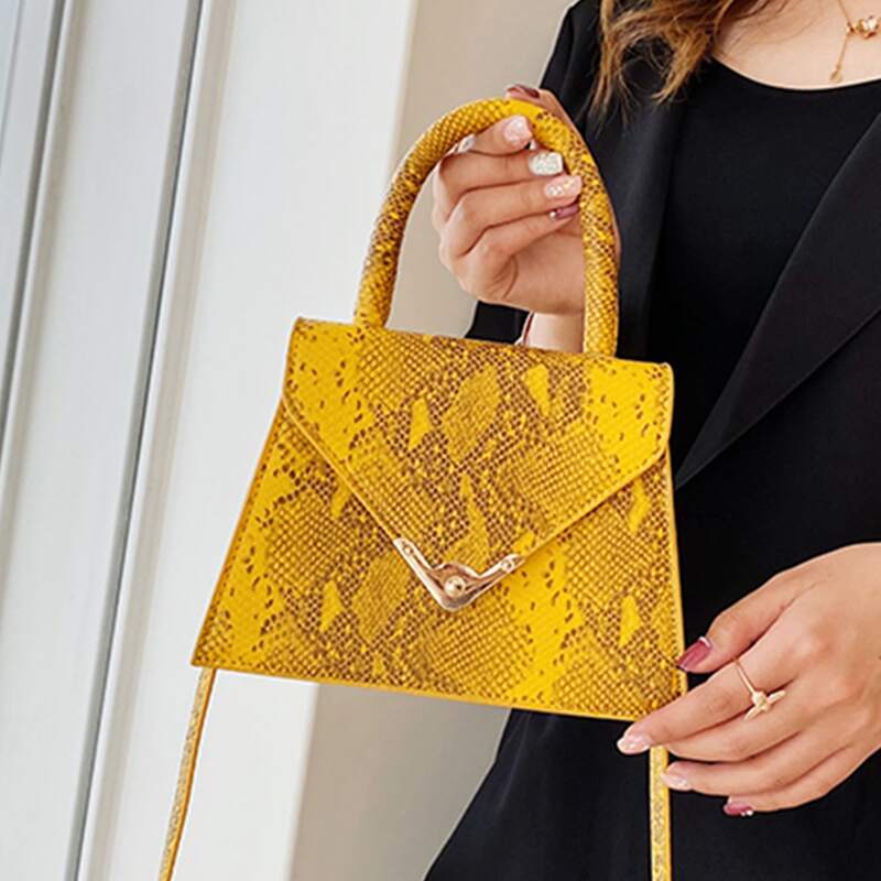 

Snake Skin Flap Satchel Bag, Yellow