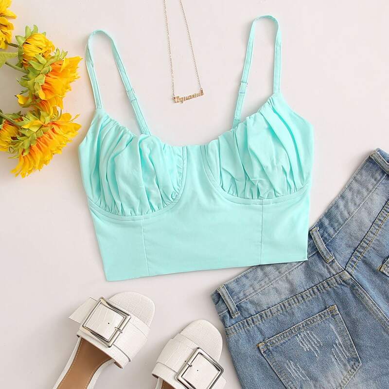 

Ruched Bust Lace Up Crop Top, Bright mint green