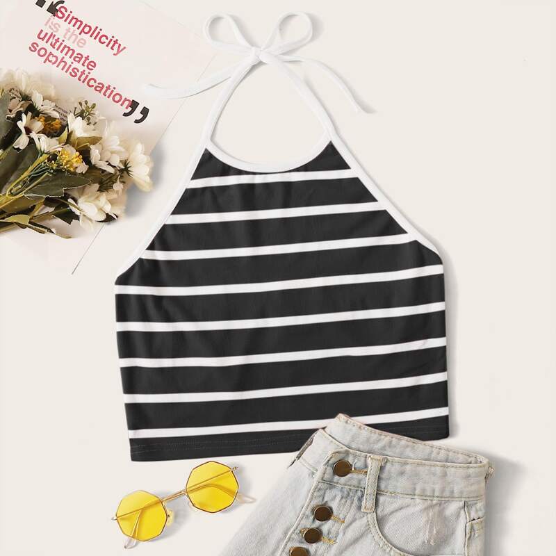 

Striped Crop Halter Top, Black and white