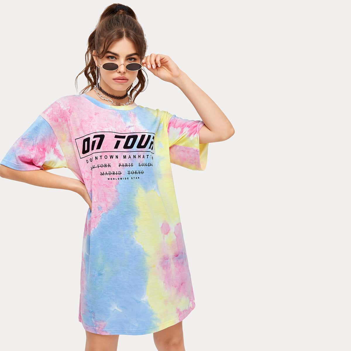 

Letter Graphic Tie Dye Tee Dress, Multicolor
