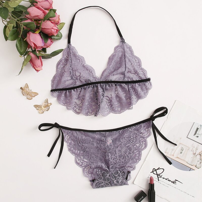 

Lace Halter Lingerie Set, Mauve purple