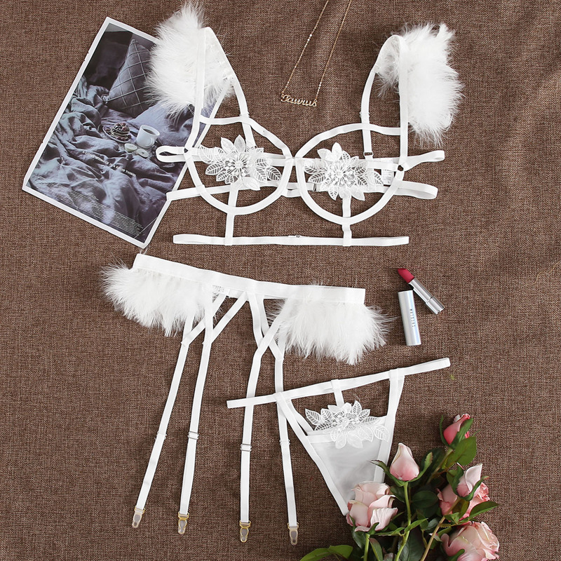 

Fluffy Suspender Harness Lingerie Set, White