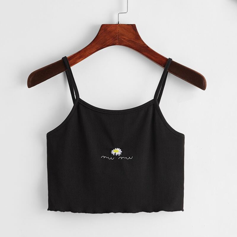 

Embroidery Floral Ribbed Cami, Black
