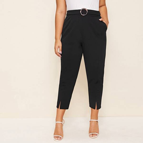 

Plus O-Ring Belted Split Straight Leg Pants, Black