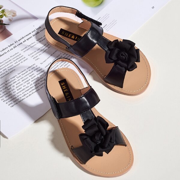 

Toddler Girls Flower Decor Velcro Strap Sandals, Black
