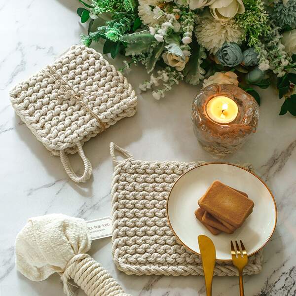 

1pc Rope Braided Coaster, Beige
