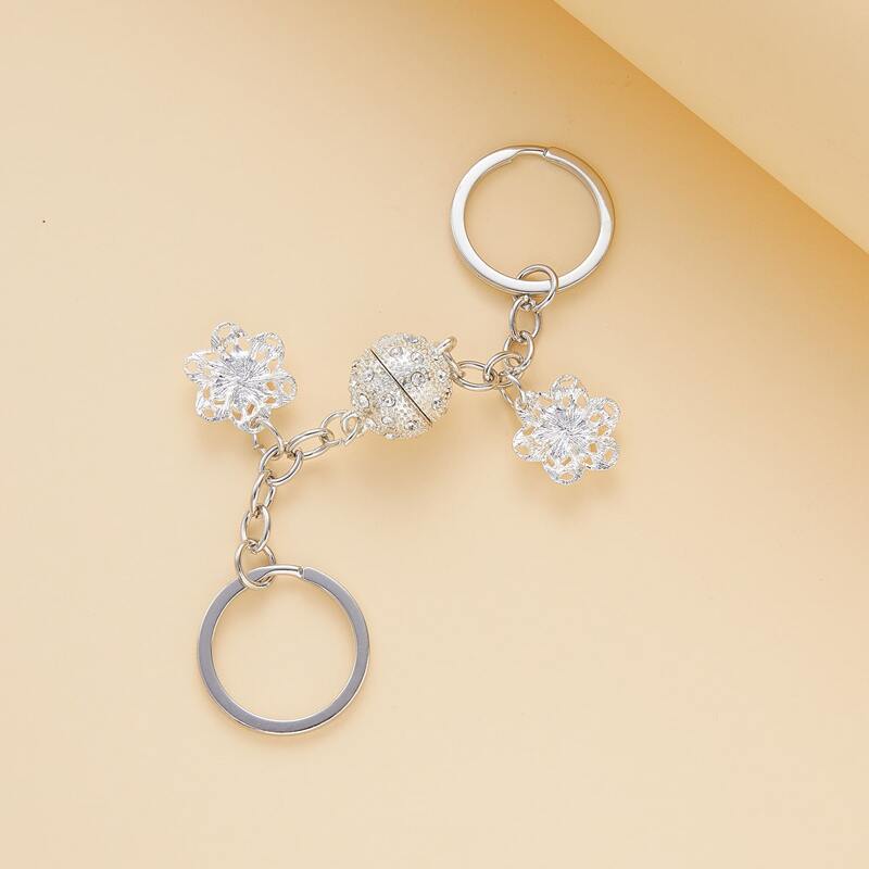 

2pcs Rhinestone Engraved Ball Charm Keychain, Silver