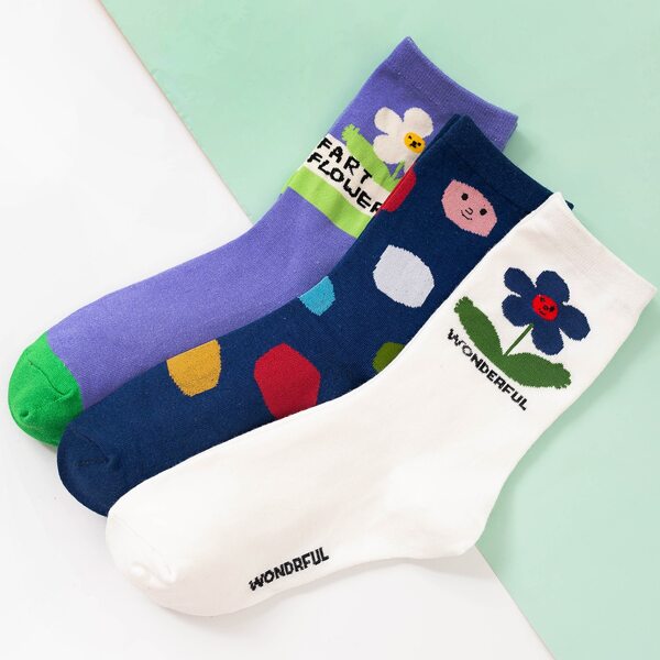 

3pairs Flower Pattern Socks, Multicolor