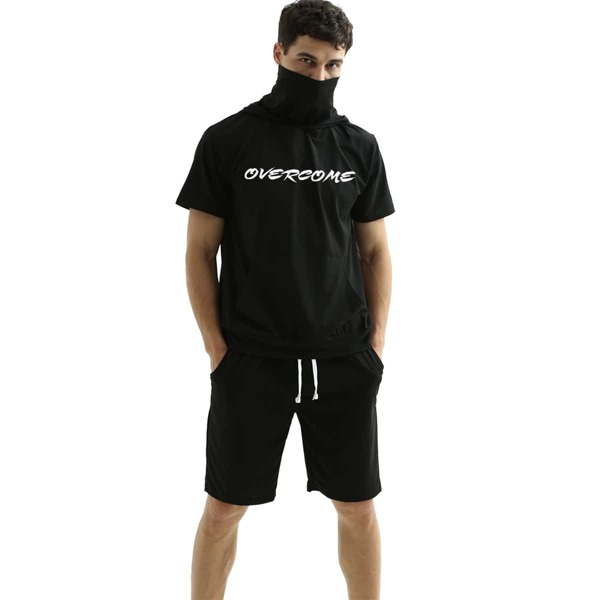 

Men Letter Graphic Hooded Tee With Drawstring Shorts, Black