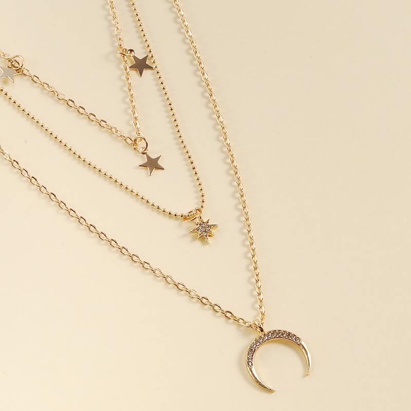 

Moon & Rhinestone Star Charm Layered Necklace, Gold