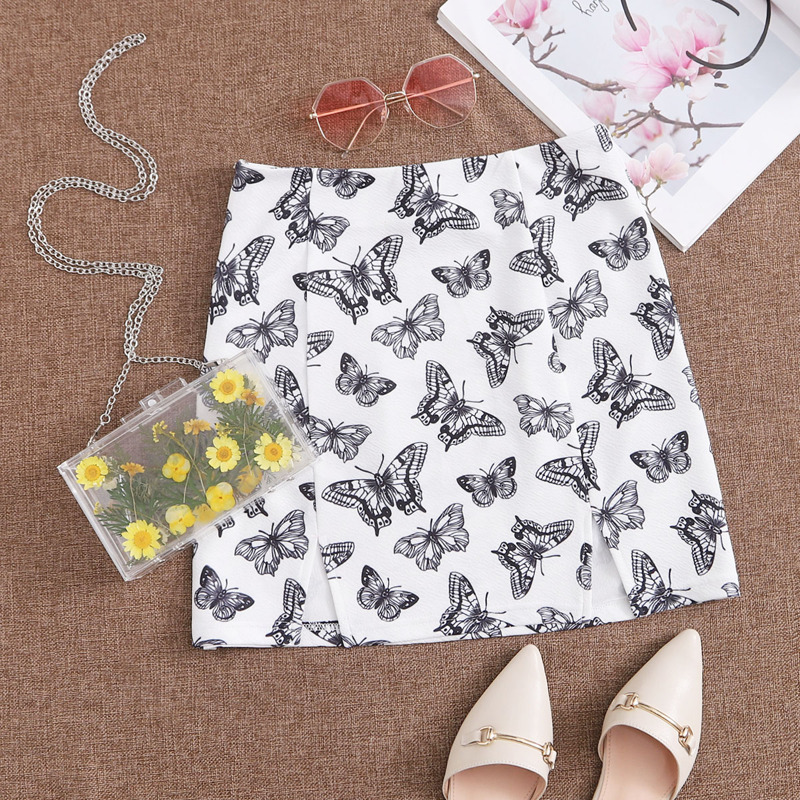 

M-slit Hem Allover Butterfly Print Skirt, White