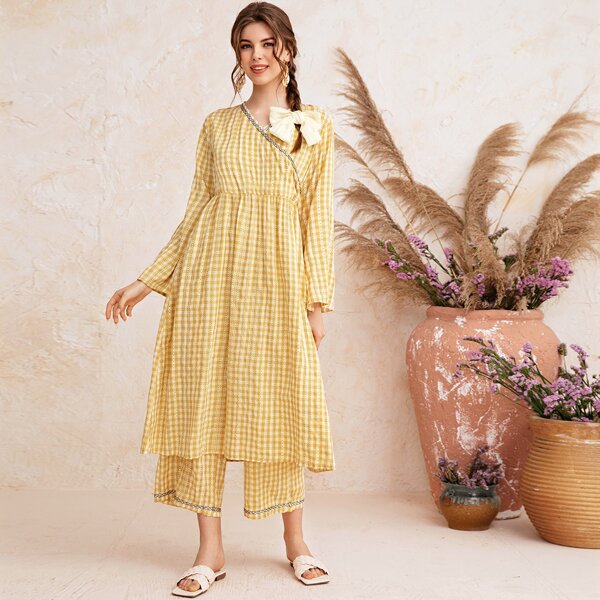 

Buffalo Plaid Surplice Front Tunic & Wide Leg Pants, Yellow