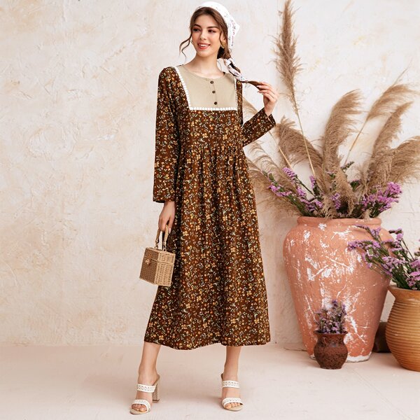 

Ditsy Floral Contrast Panel Babydoll Dress, Coffee brown