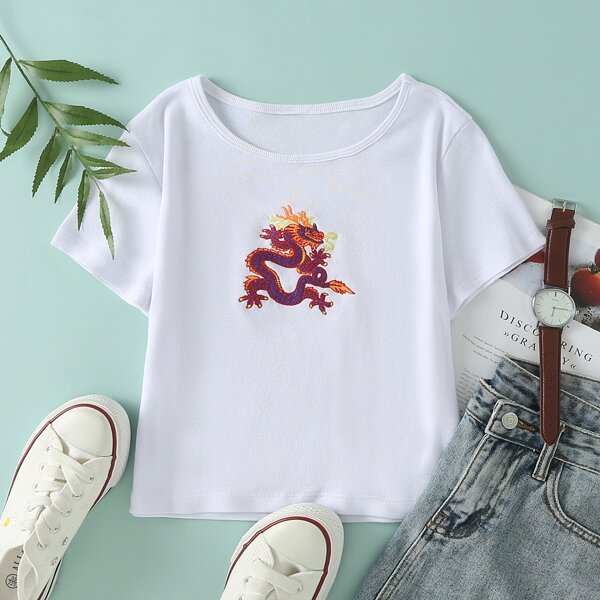 

Dragon Embroidered Round Neck Tee, White