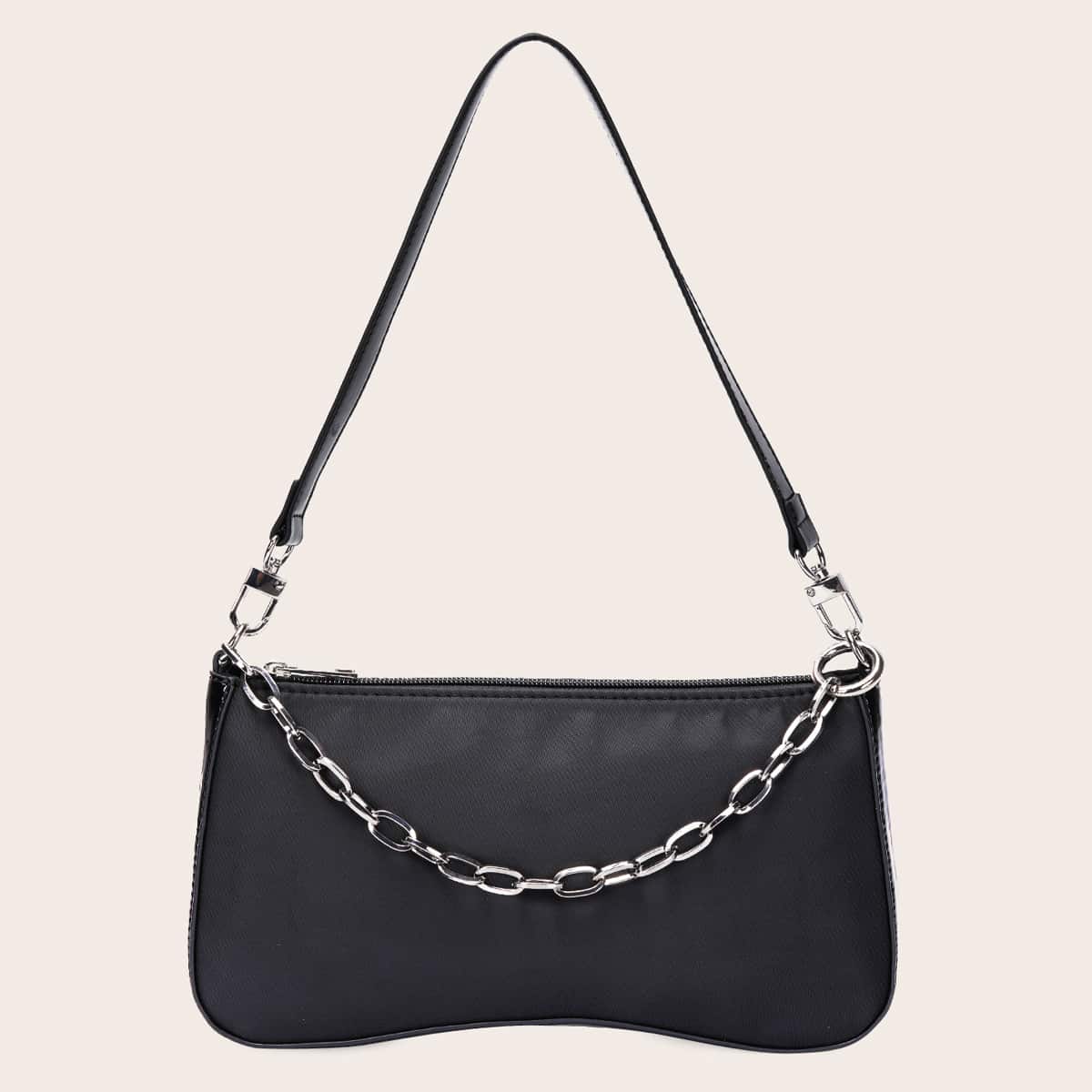 Chain Decor Baguette Bag, Black