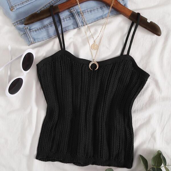 

Solid Eyelet Knit Cami Top, Black