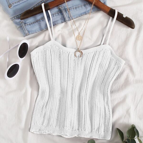 

Solid Eyelet Knit Cami Top, White