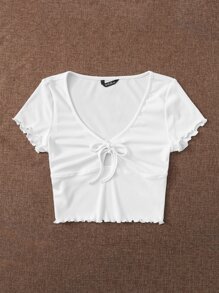 SHEIN EZwear Lettuce Trim Knot Front Top - White - View 4