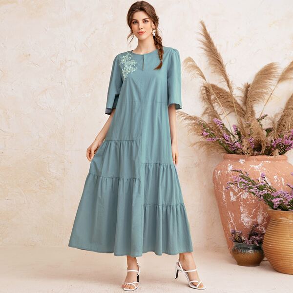 

Keyhole Neck Floral Embroidery Ruffle Hem Dress, Cadet blue